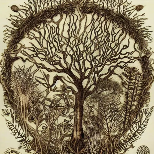 Image similar to mystic forest by ernst haeckel, very beautiful! pyrography