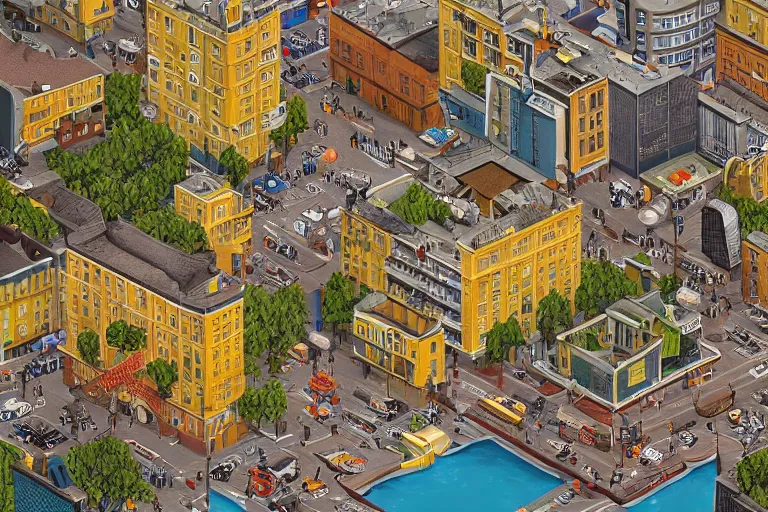 Image similar to highly detailed isometric illustration of a city scape by Wes Anderson, hyperrealistic, photorealistic, artstyle, highly detailed, sharp