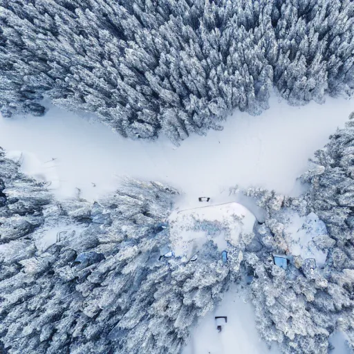 Prompt: sattelite image of snow from 150 meters height, some cutted trees and frozen trees covered with ice and snow, old lumber mill remains, beautiful winter area