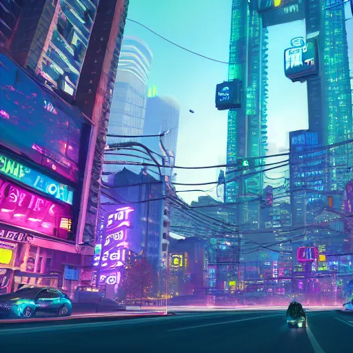 Image similar to Neon cyberpunk cityscape of Toronto with flying cars and advertisement screens, Blender 3D, Unreal Engine, 8k, by Jordan Grimmer and Andrea Pozzo