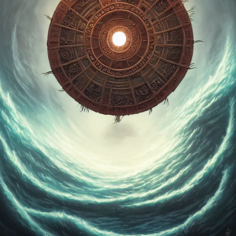 Prompt: Giant Floating Circular Ancient Sacred Calligraphy Structure by Andreas Rocha