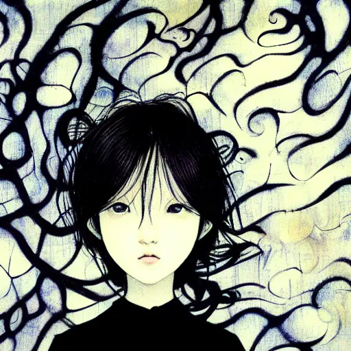 Prompt: yoshitaka amano blurred and dreamy realistic illustration of a young japanese woman with black eyes, wavy white hair fluttering in the wind wearing dress suit with tie, junji ito abstract patterns in the background, satoshi kon anime, noisy film grain effect, highly detailed, renaissance oil painting, weird portrait angle, blurred lost edges, three quarter view