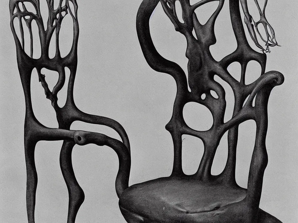 Image similar to gothic chair with human circulatory system, anatomic. painting by karl blossfeldt, salvador dali