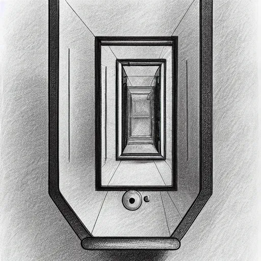 Prompt: pencil drawing of a smart phone inside of a mirror, the phone in the mirror has a mirror inside of it, infinite recursion, vanishing point, pencil art, in the style of m. c. escher, clean lines, detailed