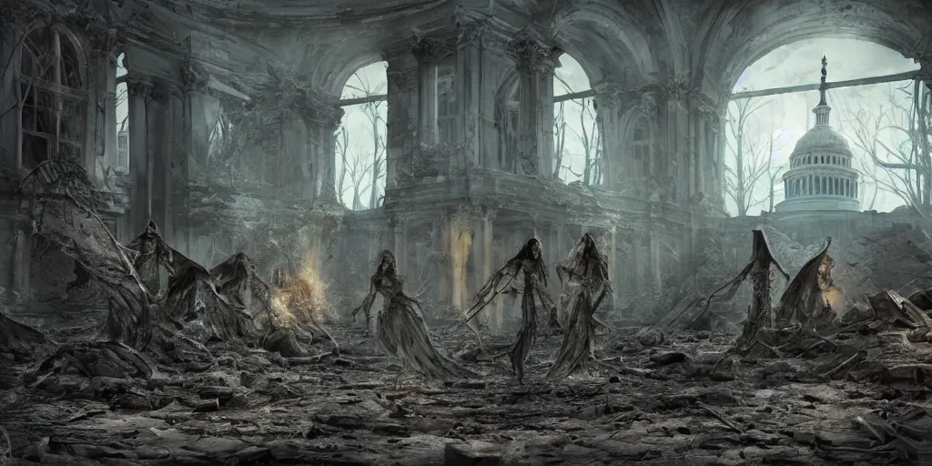 Image similar to coven of beautiful witches exploring scorched ruins of the white house in washington dc, 3 d render, hyper - realistic, ultra detailed, ruan jia, peter morbacher, wlop, zdzislaw beksinski, scifi, fantasy, magic the gathering, hyper detailed, octane render, concept art, 8 k