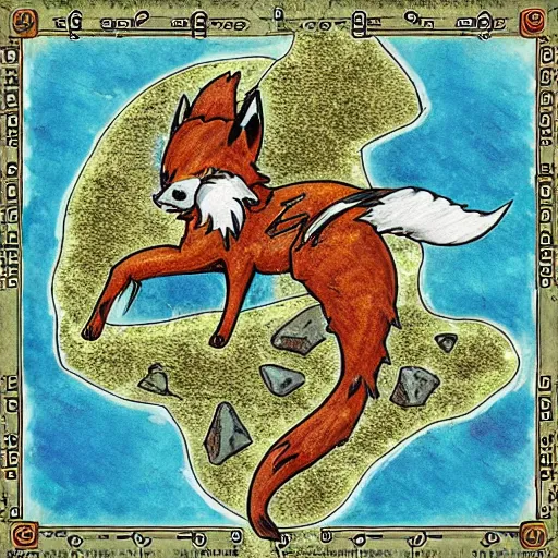 Image similar to dungeons and dragons map that looks like a fox, early 2000s artwork