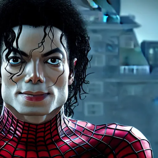 Image similar to Michael Jackson as spiderman, 4K action packed movie with lots of Unreal Engine realistic 2022 graphics