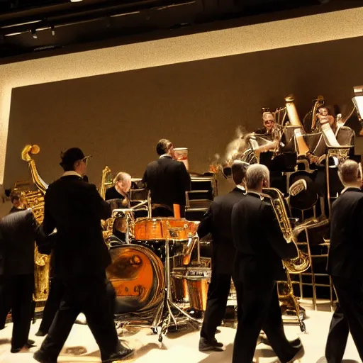 Prompt: jazz band on the run, citizen kane movie, 8 k higly detailed cinematic lighting, moma museum