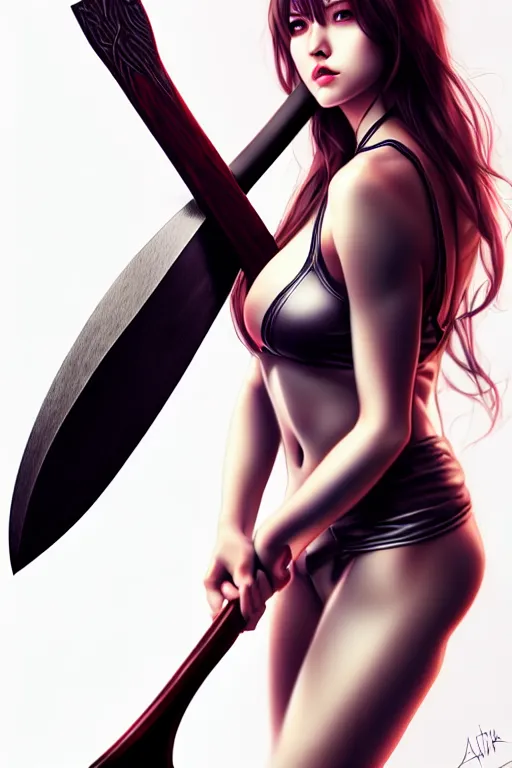 Prompt: Photorealistic hyperrealism woman holding an axe by Artgerm and WLOP, Pixiv