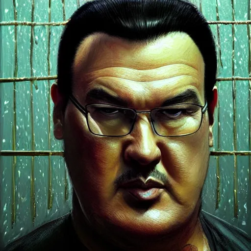 Image similar to sad steven seagal full body portrait in jail cell, cell bars, cell bars, cell bars, cell bars, cell bars, cell bars, intricate, highly detailed, digital painting, artstation, concept art, smooth, sharp focus, illustration, whimsical background by marc simonetti, artwork by liam wong