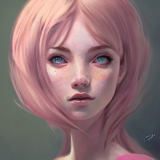 Image similar to girl portrait, elven princess, head and shoulders, matte print, pastel pink, digital art, cute freckles, digital painting, fan art, elegant, pixiv, by Ilya Kuvshinov, daily deviation, IAMAG