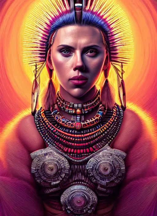 Image similar to portrait of scarlett johansson, hyper detailed ultra sharp aztec shaman warrior. trending on artstation, warpaint aesthetic, bloodwave, colorful, psychedelic, ornate, intricate, digital painting, concept art, smooth, sharp focus, illustration, art by artgerm and greg rutkowski and h. r. giger, 8 k