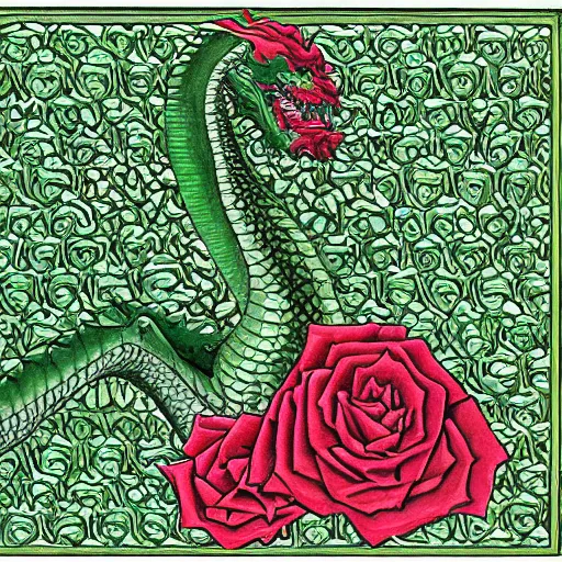 Prompt: green dragon surrounded by tessellation of roses, by mc escher