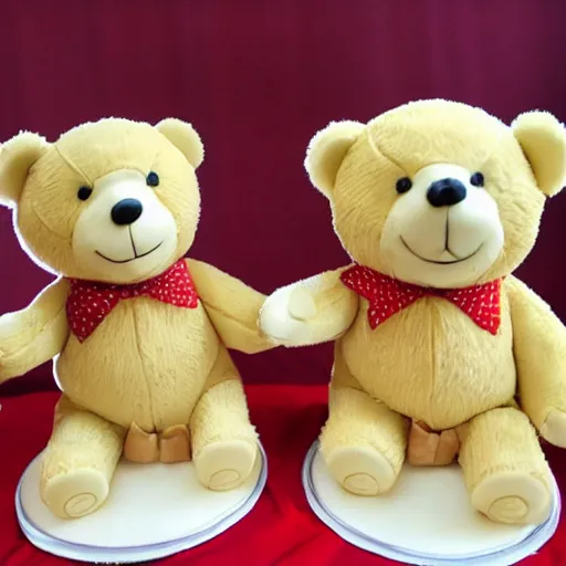 Prompt: two teddy bears cutting cake and doing party