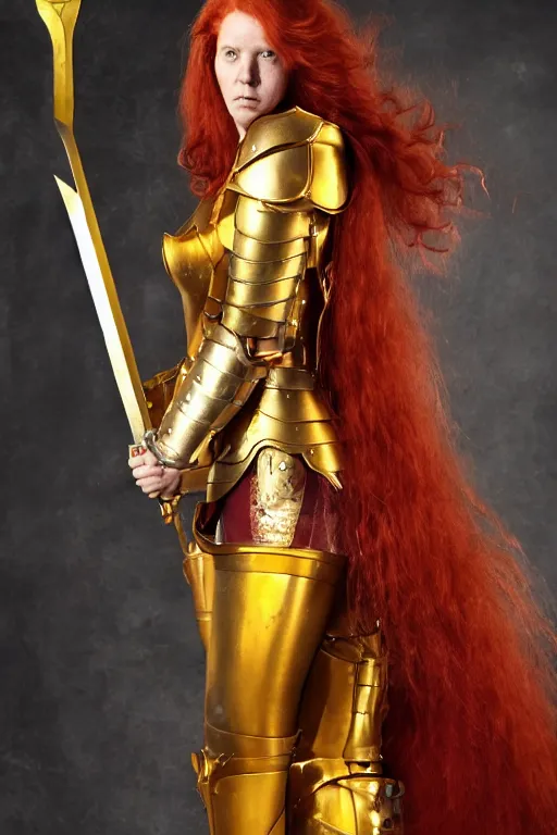 Image similar to a tall, red - haired female knight wearing golden armor and a right golden prosthetic arm, longer than her left arm. she wields a long golden blade