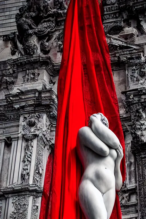 Image similar to the unknown maiden partially covered by a red silk wrapped veil, statue made with embossed polished black marble, sculpted by hedi xandt and bernini, epic and cinematic view, volummetric light, intricate, detailed, 8 k