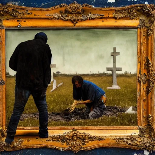 Image similar to one man in a cemetery digging up a dead body, by nicola samori, painting, 8 k, high detail, blue, orange, and dark green tones, high quality, sad feeling, high detail, dark colors, sinister atmosphere, dramatic lighting, cinematic, establishing shot, extremely high detail, photo realistic, cinematic lighting