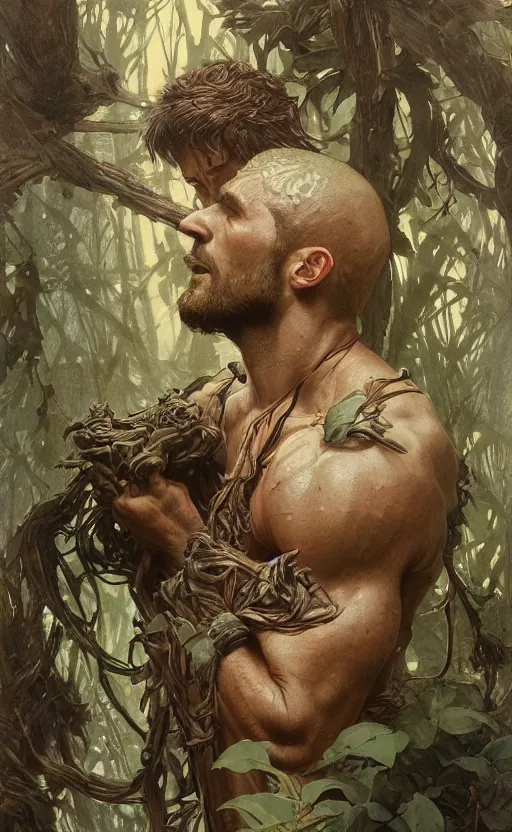 Image similar to god of the forest, 3 0 years old, rugged handsome, male, gorgeous, detailed face, clean lines, cinematic light, amazing, full body, flowers, muscular, intricate, highly detailed, digital painting, artstation, concept art, sharp focus, illustration, art by greg rutkowski and alphonse mucha