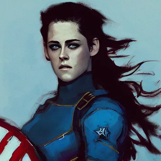 Image similar to kristen stewart as captain america, intricate, elegant, highly detailed, greg manchess, mucha, liepke, ruan jia, jeffrey catherine jones, ridley scott