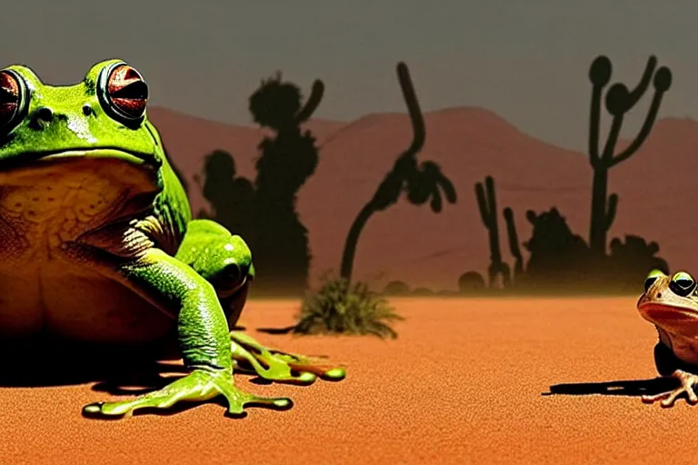 Image similar to a giant frog sitting with mike tyson in the desert, mike tyson with a toad, movie directed by martin scorsese and christopher nolan, masterpiece, 8 h