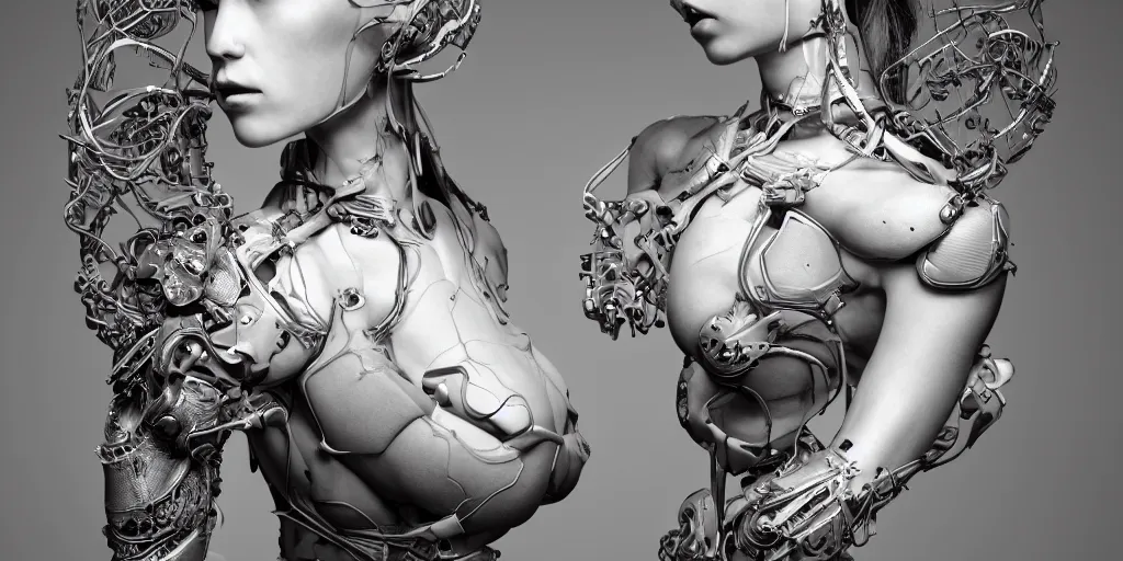 Image similar to hyper realistic photography of a stunningly beautiful cyborg female, plated arm, intimate, chest, holding close, ribbons, in the style of beth cavener, jin kagetsu,, and wlop, highly detailed, intricate filigree, symmetry, masterpiece, award winning, sharp focus, concept art, highkey lighting, ambient lighting, octane render, 8 k, artstation