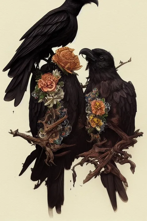 Image similar to painting of a two headed crow on a skull, decorated, intricate, elegant, highly detailed, digital painting, artstation, concept art, smooth, sharp focus, illustration, art by artgerm and greg rutkowski and alphonse mucha, 8 k