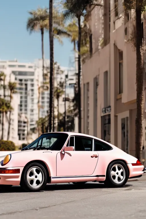 Prompt: Photo of a light pink Porsche 911 Carrera 3.2 with Rodeo drive in the background in the background, wide shot, poster, rule of thirds, photo print, golden hour, daylight, vibrant, volumetric lighting, award winning