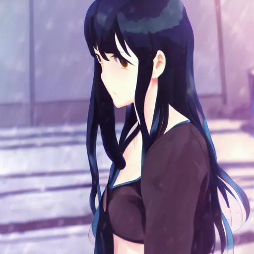 Image similar to a girl in her 2 0 s with wavy black hair by makoto shinkai and tomoyuki yamasaki, madhouse, trending on pixiv