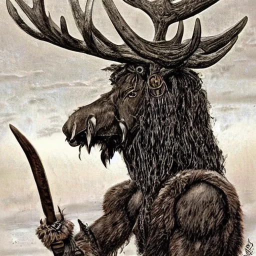 Prompt: hairy barbarian with moose head by gerald brom and ed fairburn