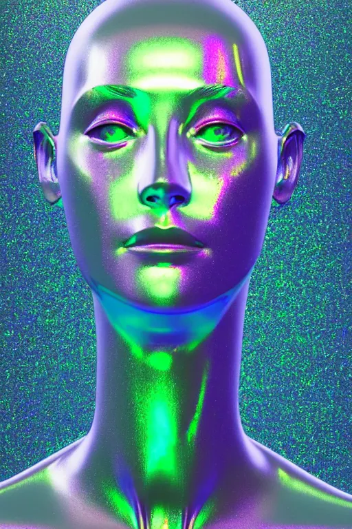 Image similar to 3d render of holographic human robotic bust made of glossy iridescent, bust, surrealistic 3d illustration of a human non-binary, non binary model, 3d model human, cryengine, made of holographic texture, holographic material, holographic rainbow, concept of cyborg and artificial intelligence
