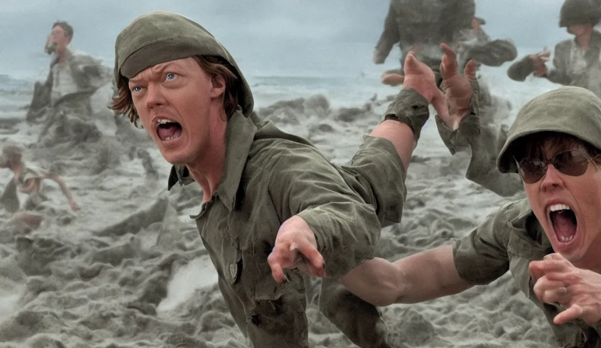 Image similar to photo realistic image of Matthew Lillard as shaggy from scooby doo, storming the beaches of Normandy, 8k HD, high detail, photorealistic, Hollywood cinematic, Christopher Nolan