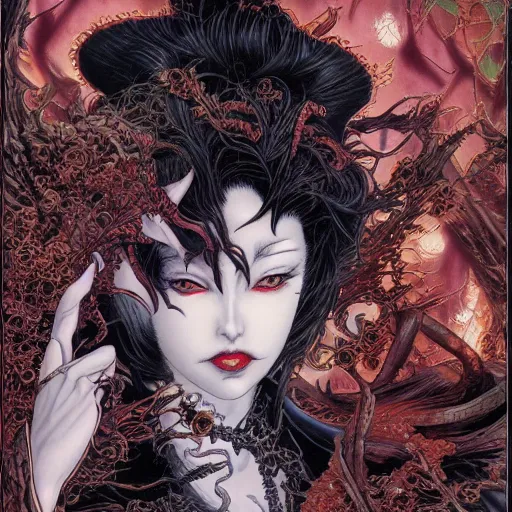 Image similar to closeup of vampire kiss, by yoichi hatakenaka, masamune shirow, josan gonzales and dan mumford, ayami kojima, takato yamamoto, karol bak