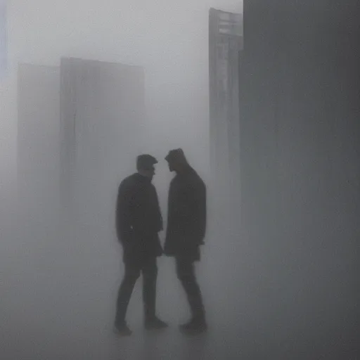 Prompt: glitchart portrait of 2 blurry shadowed leather clad men standing in a brutalist berlin landscape in mist and fog, cinematic magic hour, damaged polaroid