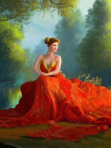Prompt: venus, wearing a magnificent dress, sitting on a red divan. background full of spring nature. intricate, elegant, highly detailed, digital painting, artstation, concept art, sharp focus, illustration, by justin gerard and artgerm, 8 k
