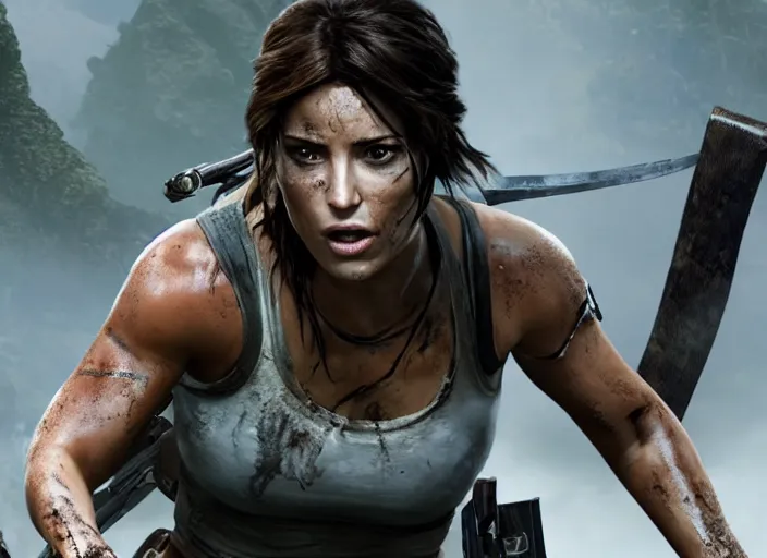 Image similar to film still of!!!! chloe bennett!!! as lara croft in new tomb raider movie, 8 k