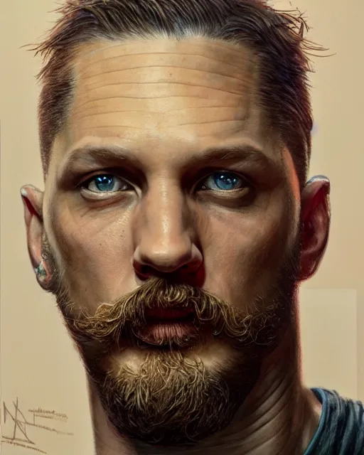 Image similar to tom hardy, highly detailed, very intricate, cinematic lighting, painted portrait, by donato giancola and rossdraws and magali villenueve, featured on artstation