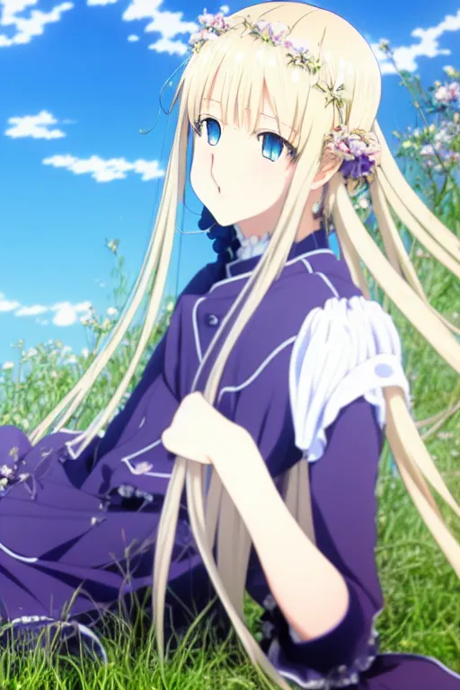 Prompt: anime art full body portrait character concept art, anime key visual of violet evergarden, two long blonde braids and deep - blue eyes, finely detailed perfect face delicate features directed gaze, laying down in the grass at sunset in a valley, trending on pixiv fanbox, violet evergarden, studio ghibli, extremely high quality artwork