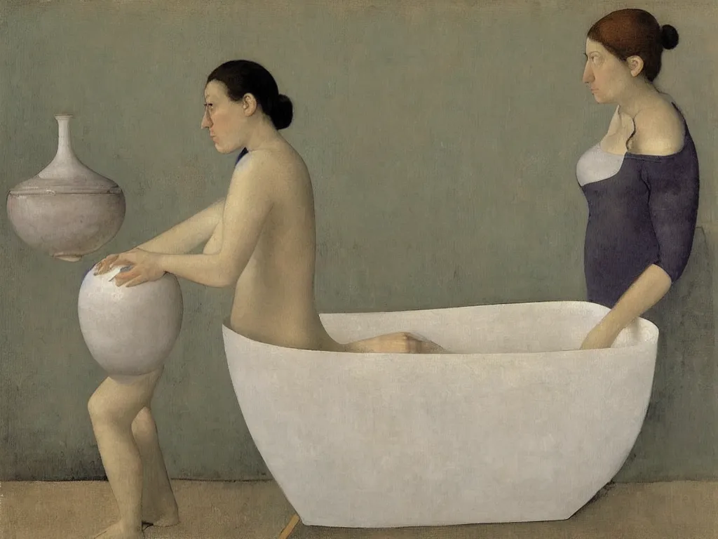 Image similar to Portrait of a woman in the bathtub with amphora, white cloth and crane. White Opal, marble, terracotta. Painting by Balthus, Hammershoi, Morandi