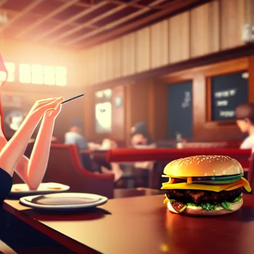 Image similar to a cat eating a burger at a diner, unreal engine, octane render, artgerm, artstation, art jiro matsumoto, high quality, intricate detailed 8 k, sunny day