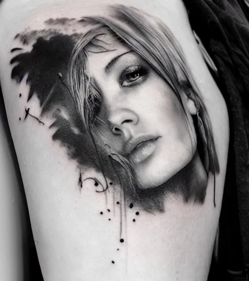 Image similar to a beautiful girl faded in a mountain background, in the style of den yakovlev, black and white, realism tattoo, hyper realistic, highly detailed