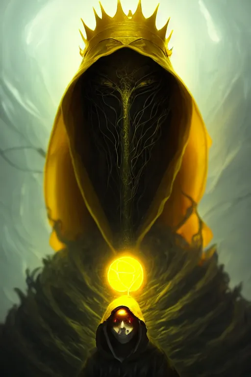 Image similar to A full body portrait of a mysterious character with no face with a very long hooded yellow cloak, a golden crown floating above his head tentacles coming out the ground art by James Paick, and Shaddy Safadi, ominous, cosmic horror, trending on artstation, Ultra detailed, hyper realistic 4k