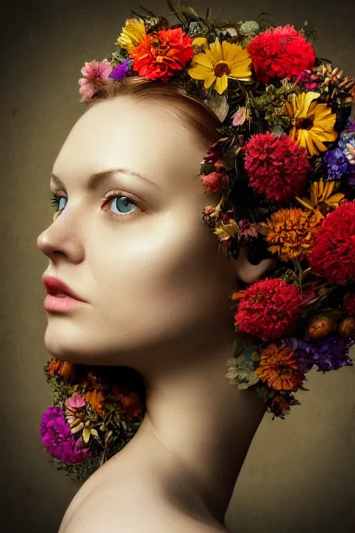 Image similar to a womans face in profile, made of flowers steampunk, in the style of the Dutch masters and Gregory Crewdson, impressive, dark, ethereal, dramatic, epic, a masterpiece, fine art with subtle redshift rendering