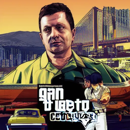 Image similar to “Volodymyr Zelensky in GTA V, cover art by Stephen Bliss, Boxart, loadscreen”