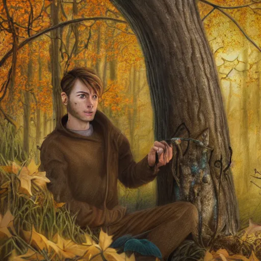 Image similar to Ryan Golsing holding a cute caracal in an autumn forest, by Aron Wiesenfeld and beksincki, cinematic, detailed illustration, nature, fog, dark colors, suspense, intricate, 8k