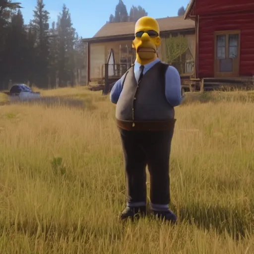 Prompt: Film still of Homer Simpson as a white man in Red Dead Redemption 2 (2018 video game)