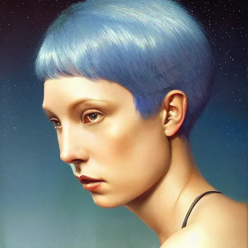 Prompt: A beautiful portrait of a woman with iridescent skin by James C. Christensen, scenic environment, blue short hair