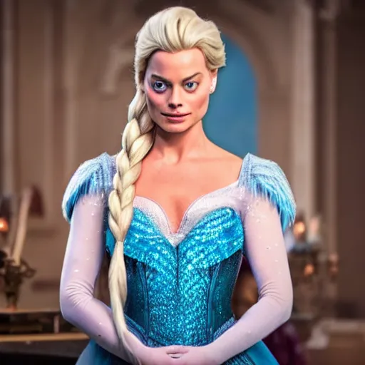 Image similar to Margot Robbie as Elsa in disney frozen live action, 8k full HD photo, cinematic lighting, anatomically correct, oscar award winning, action filled, correct eye placement,