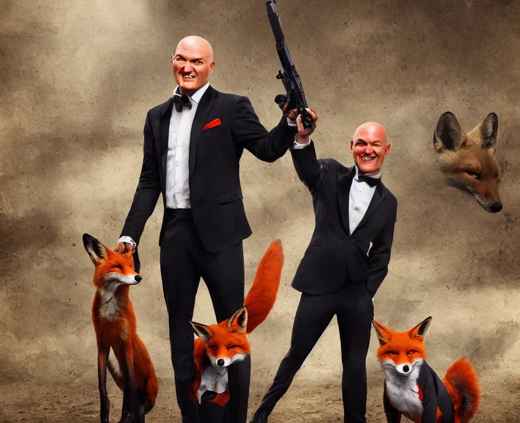 Image similar to a photo of happy agent 4 7 with a fox, studio photo, stunning scenery, award winning photo
