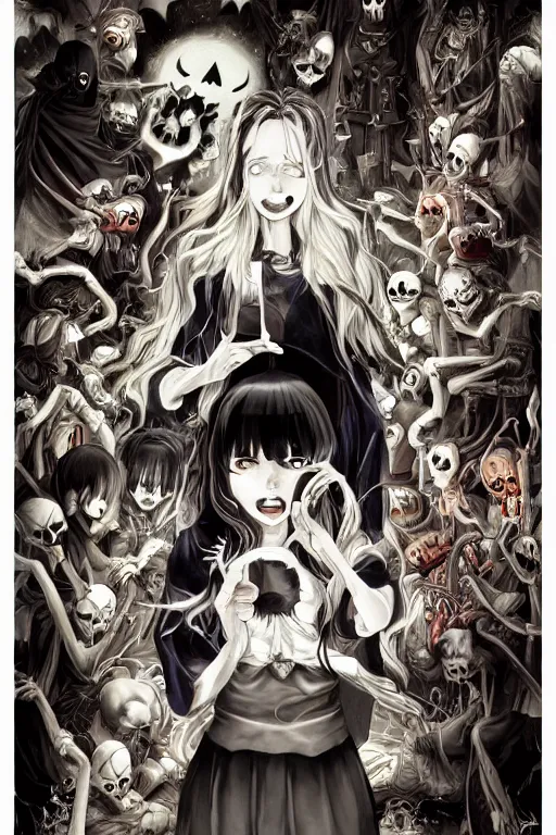 Image similar to spooky and creepypasta halloween night, symmetrical face, anime style, scenery wallpaper aesthetic, cinematic, dramatic, super detailed and intricate, hyper realistic, 4 k render, by artgerm, by kyoung hwan kim, by ralph mcquarrie, by yoshiyuki tomino