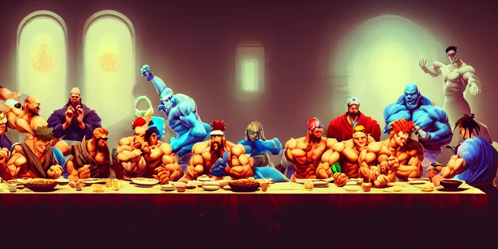 Image similar to street fighter last supper by beeple and greg rutkowski, digital painting, trending on artstation, sharp focus, 4 k